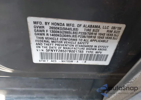 2007 Honda Pilot Ex-L z USA, uszkodzony, nr VIN 5FNYF28537B001765